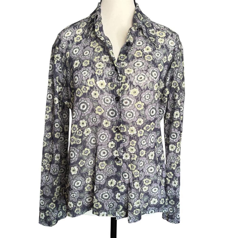 Vintage Y2K Xhilaration Sheer Mesh Blouse Floral Button Down Retro 90s Top
